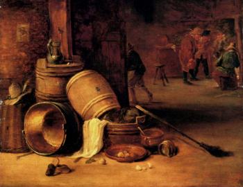 小大衛 特尼爾斯 An Interior Scene With Pots Barrels Baskets Onions And Cabbages